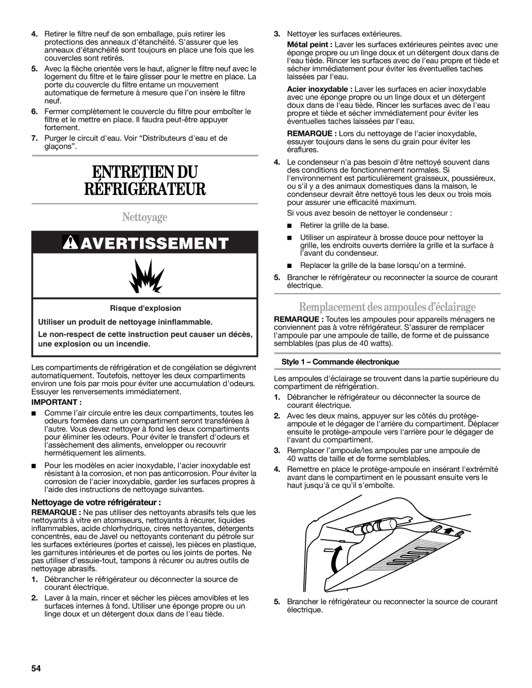 Whirlpool WRT138TFYB, WRT138TFYW Entretien DU Réfrigérateur, Nettoyage, Remplacement des ampoules d’éclairage 