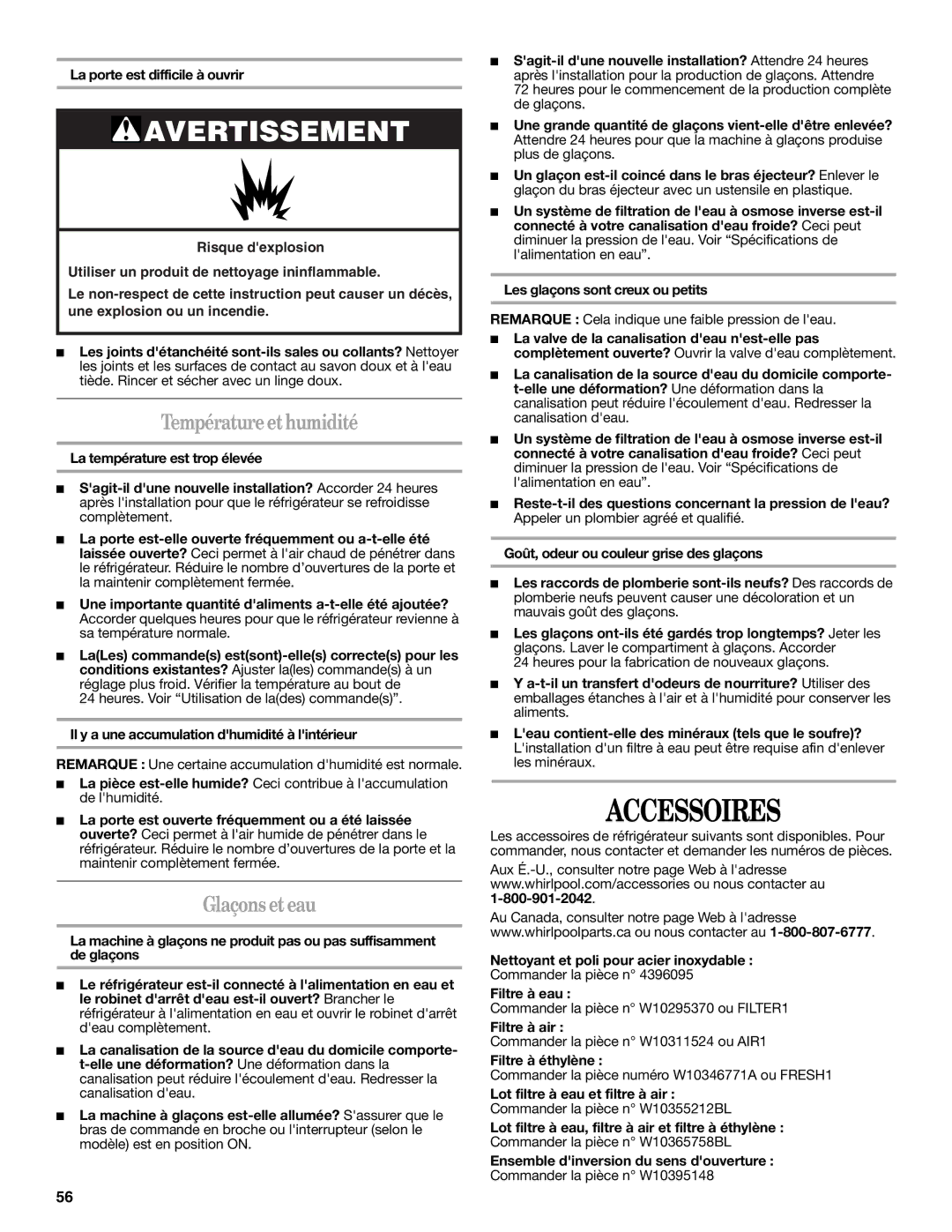 Whirlpool WRT138TFYB, WRT138TFYW installation instructions Accessoires, Température et humidité, Glaçons et eau 