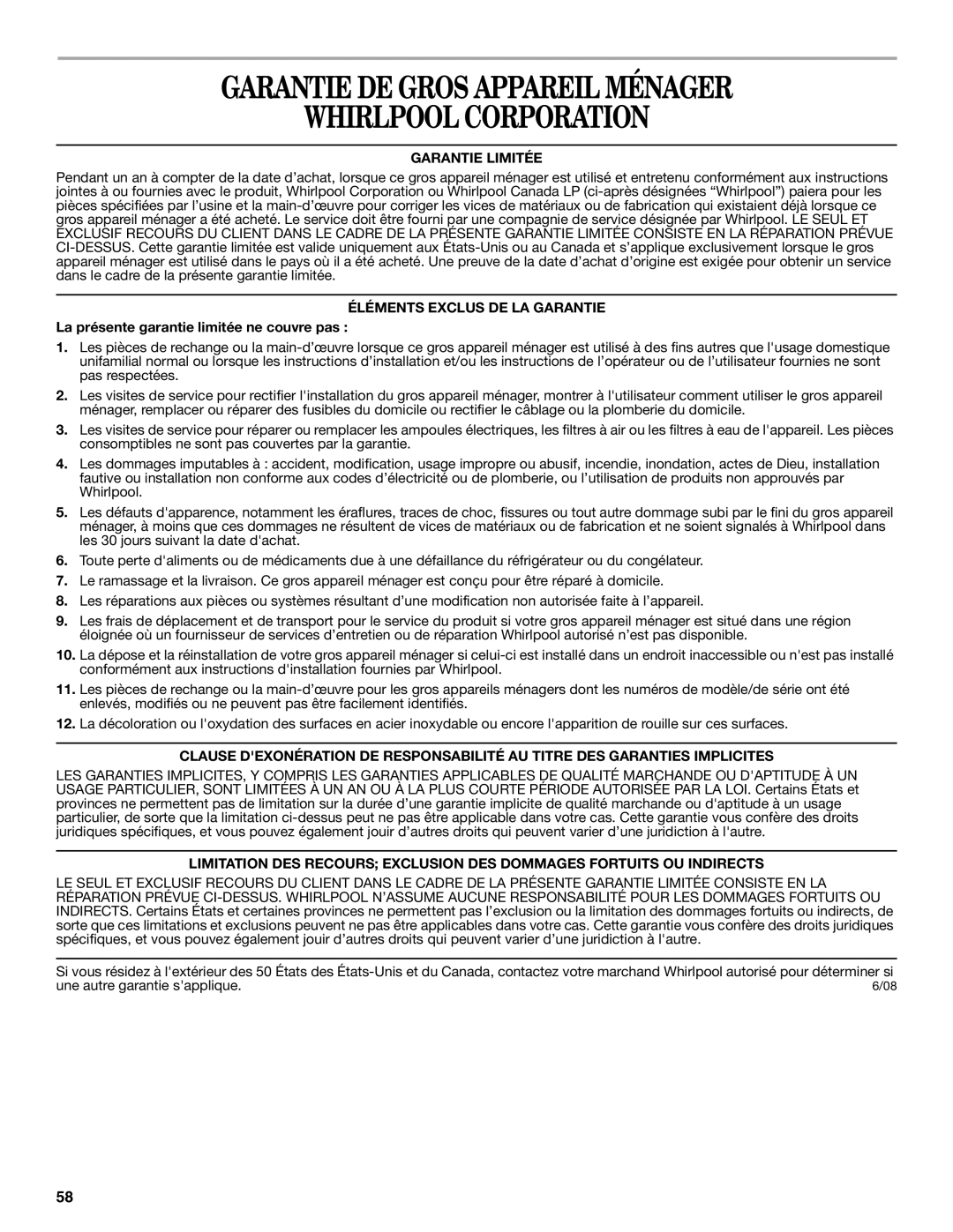 Whirlpool WRT138TFYB, WRT138TFYW Garantie DE Gros Appareil Ménager Whirlpool Corporation, Garantie Limitée 