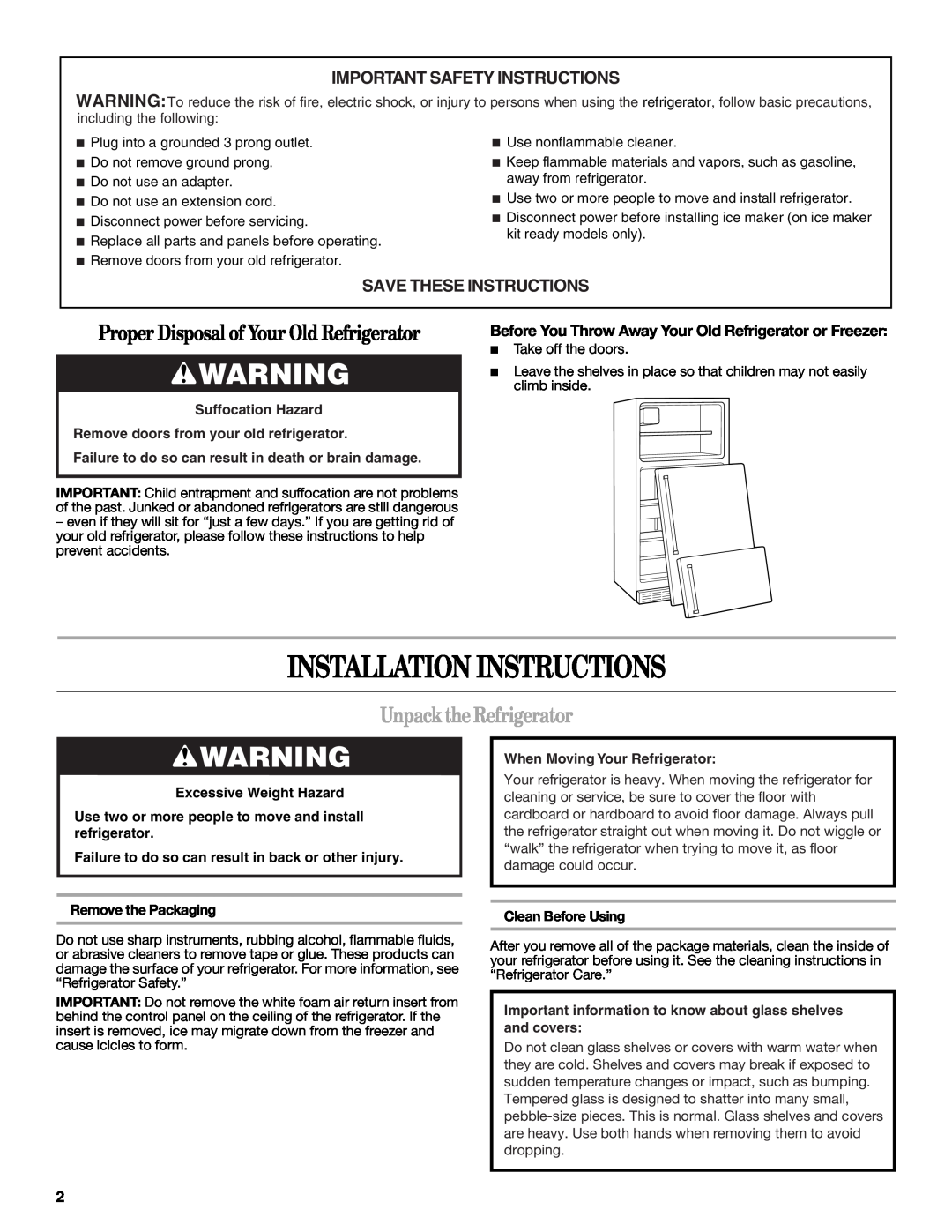 Whirlpool WRT138TFYB Installation Instructions, Unpack the Refrigerator, Important Safety Instructions, Clean Before Using 