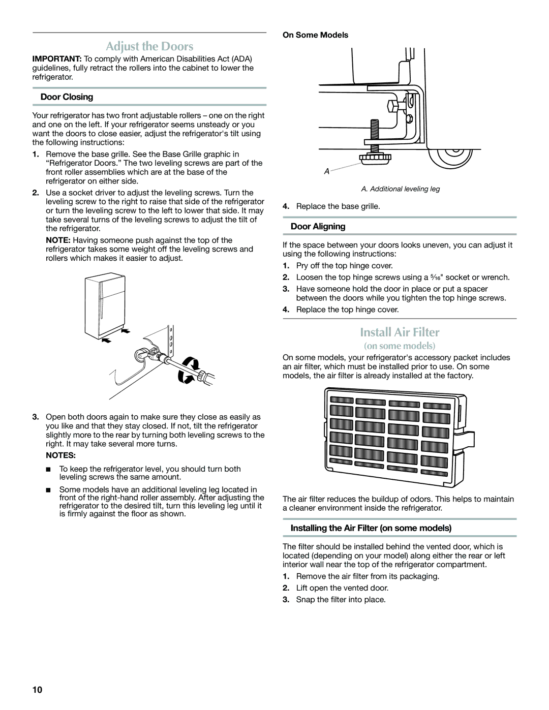 Whirlpool WRT1L1TZYS installation instructions Adjust the Doors, Install Air Filter, Door Closing, Door Aligning 