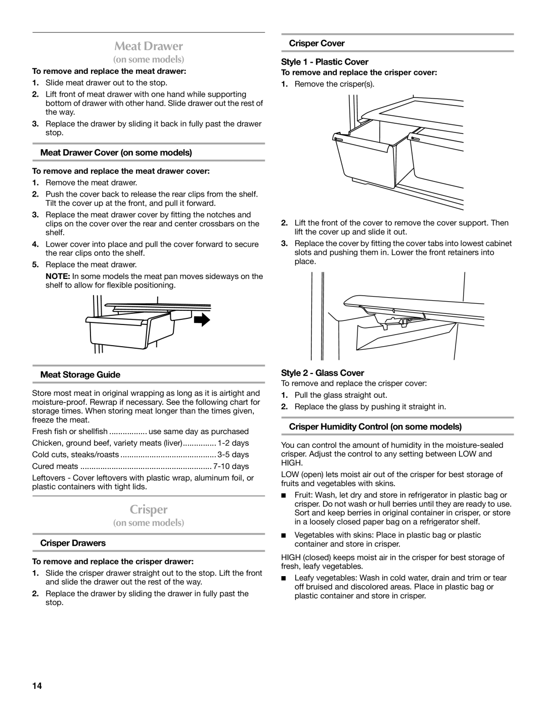 Whirlpool WRT1L1TZYS installation instructions Meat Drawer, Crisper 