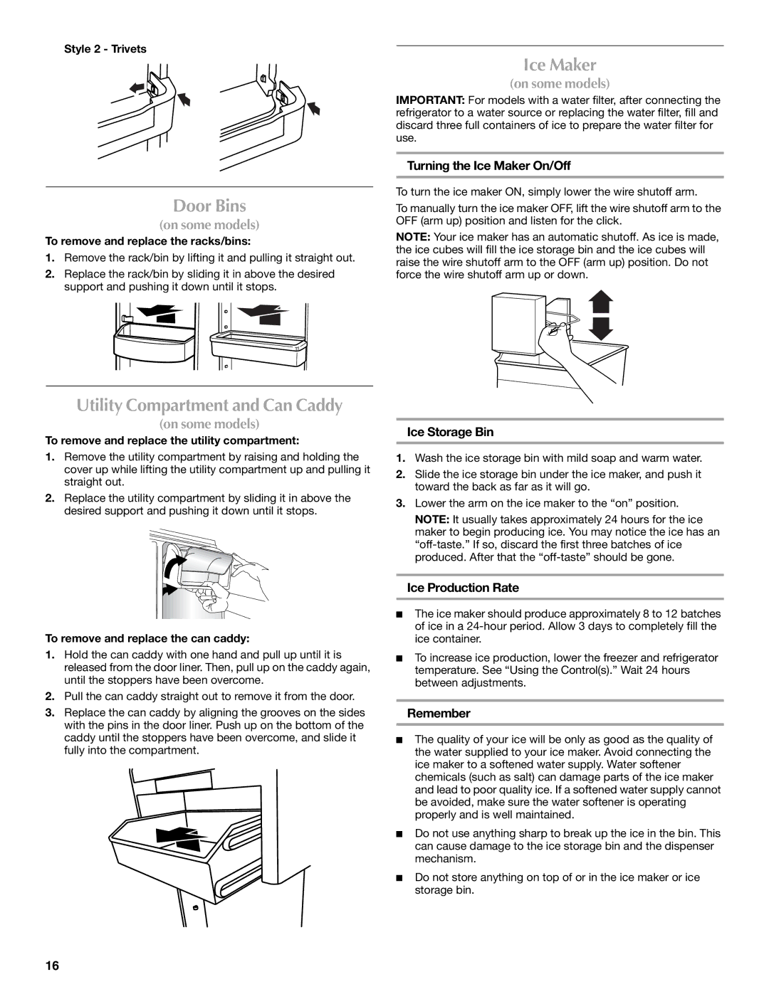 Whirlpool WRT1L1TZYS installation instructions Door Bins, Utility Compartment and Can Caddy, Ice Maker 