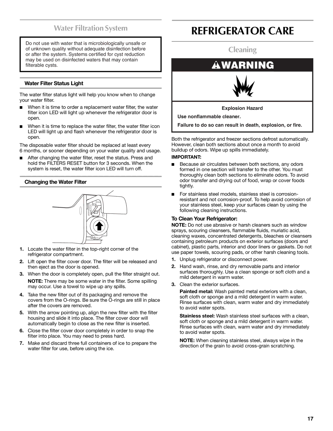 Whirlpool WRT1L1TZYS installation instructions Refrigerator Care, Water Filtration System, Cleaning 