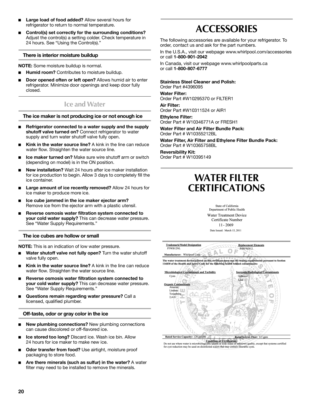 Whirlpool WRT1L1TZYS installation instructions Accessories, Water Filter Certifications, Ice and Water 