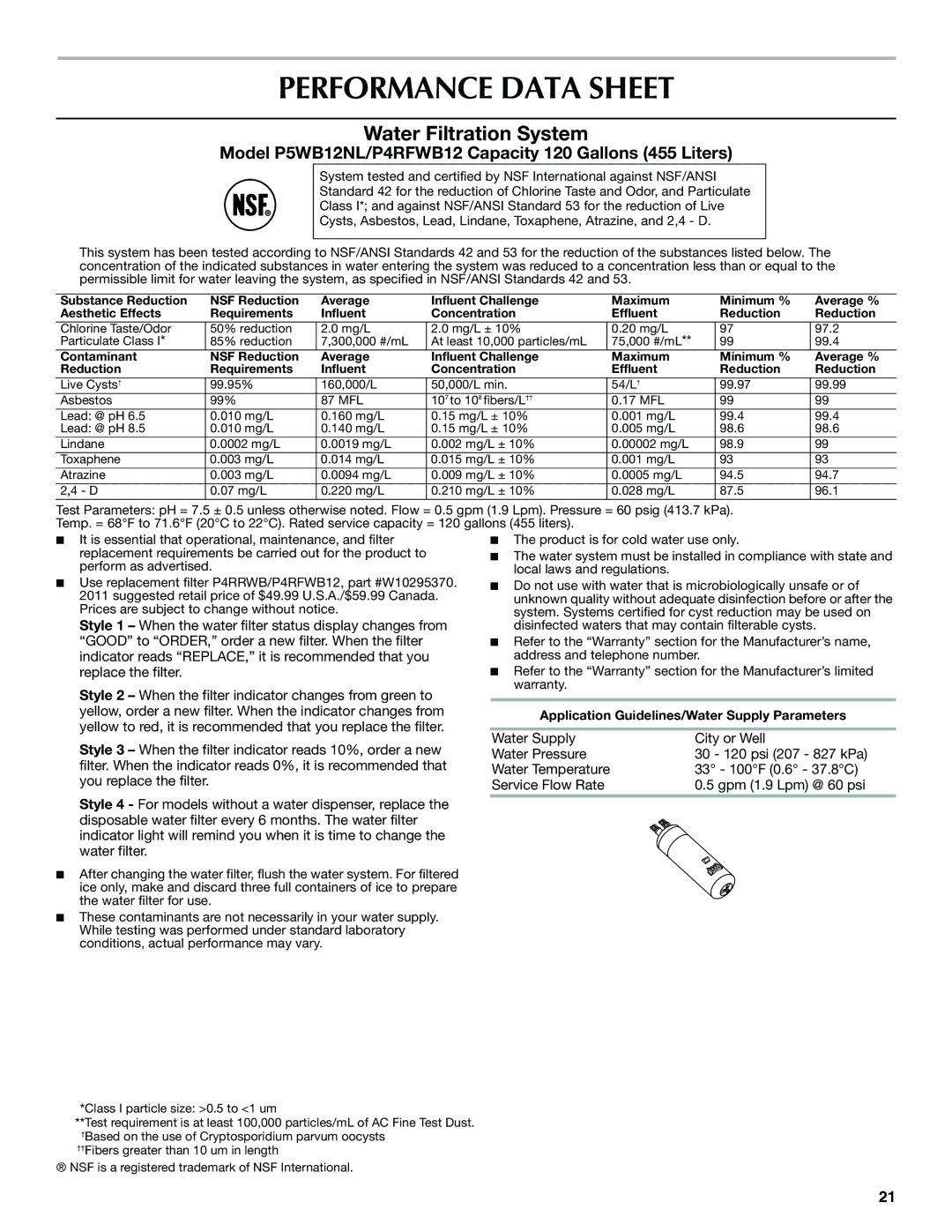 Whirlpool WRT1L1TZYS installation instructions Performance Data Sheet, Water Filtration System 