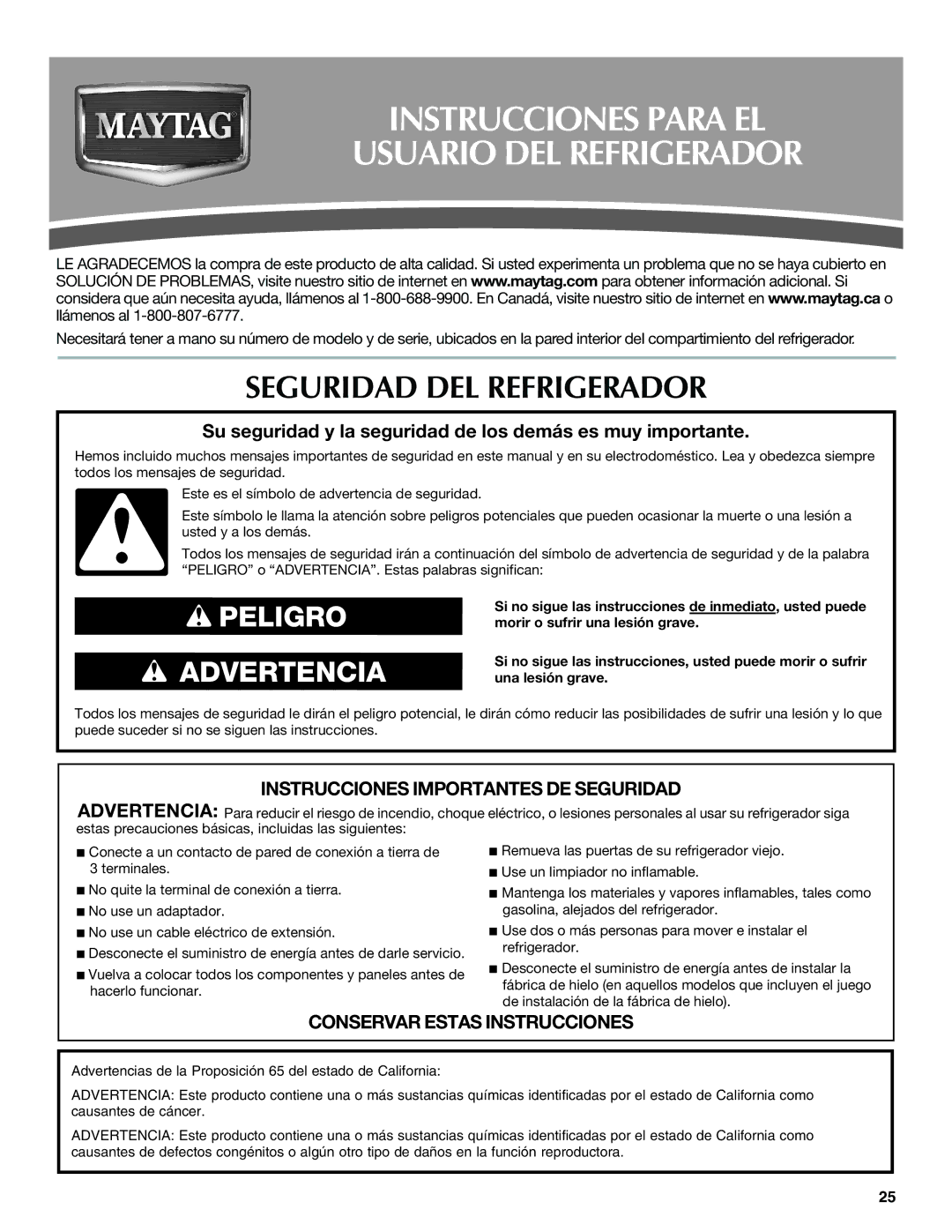 Whirlpool WRT1L1TZYS installation instructions Instrucciones Para EL Usuario DEL Refrigerador, Seguridad DEL Refrigerador 