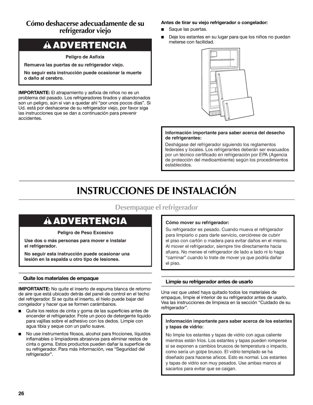 Whirlpool WRT1L1TZYS Instrucciones DE Instalación, Desempaque el refrigerador, Quite los materiales de empaque 