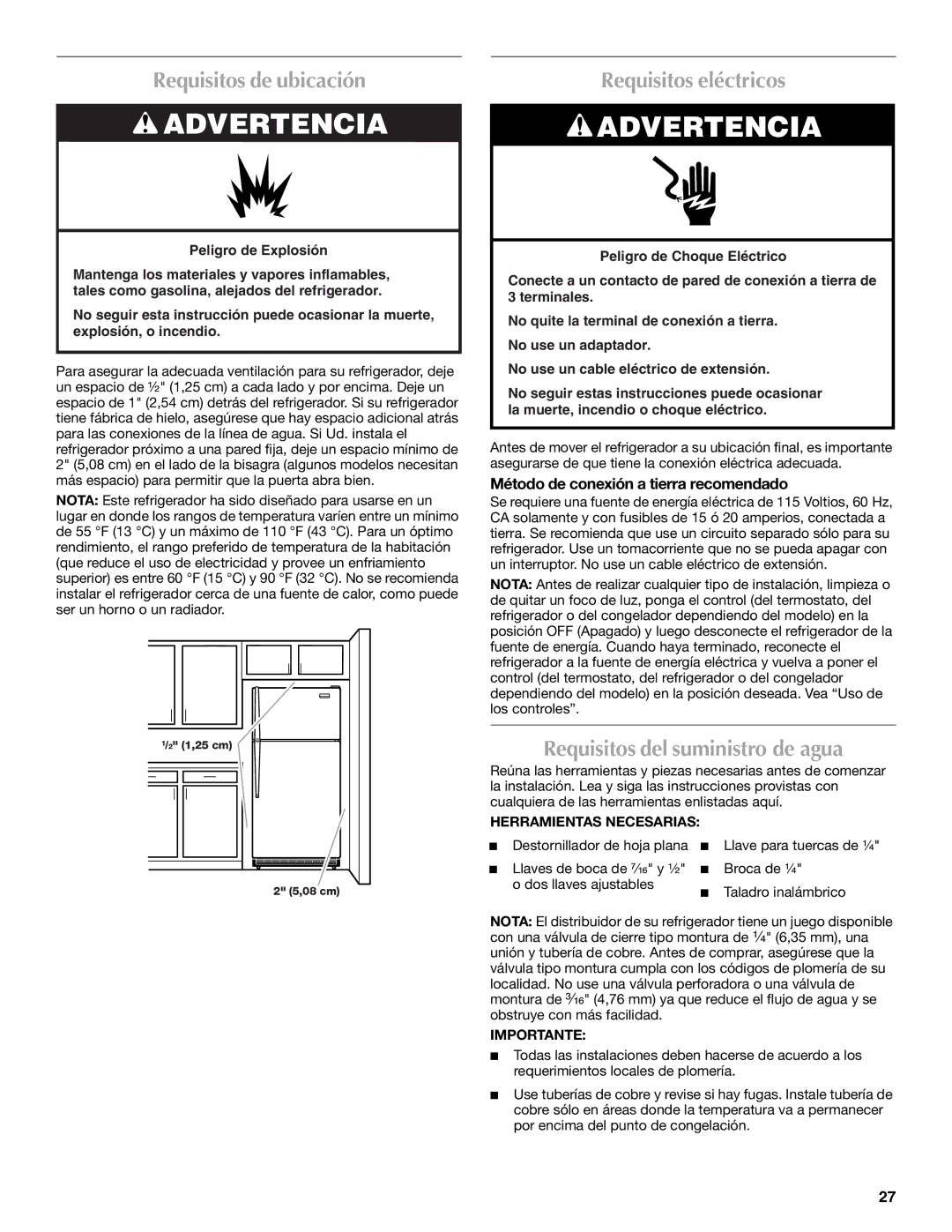 Whirlpool WRT1L1TZYS Requisitos de ubicación, Requisitos eléctricos, Requisitos del suministro de agua 