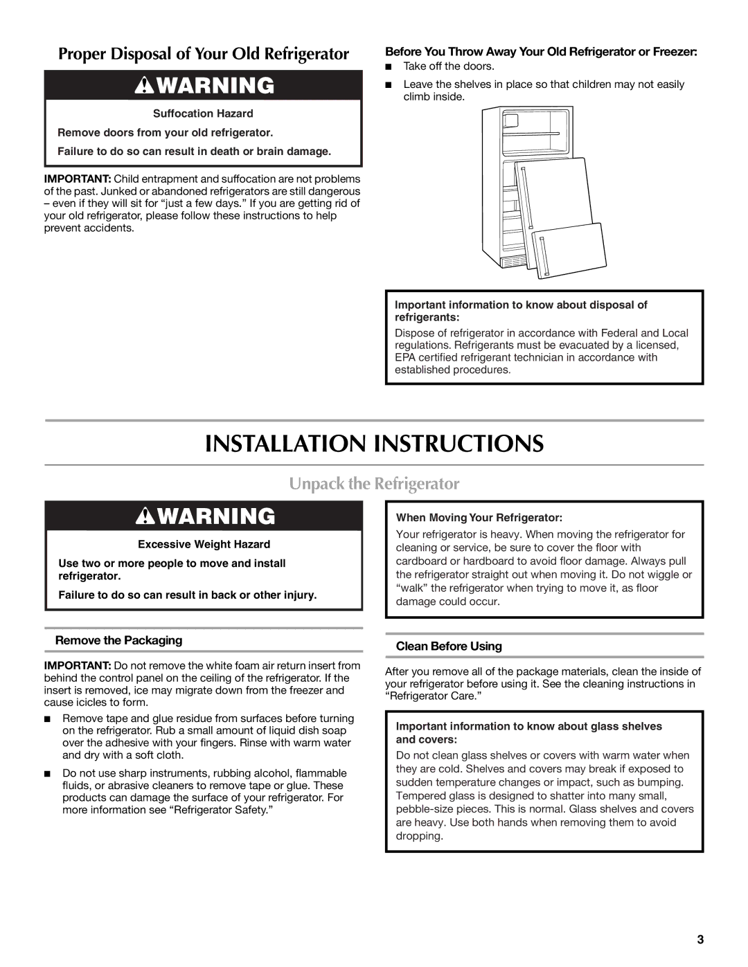 Whirlpool WRT1L1TZYS Installation Instructions, Unpack the Refrigerator, Remove the Packaging, Clean Before Using 