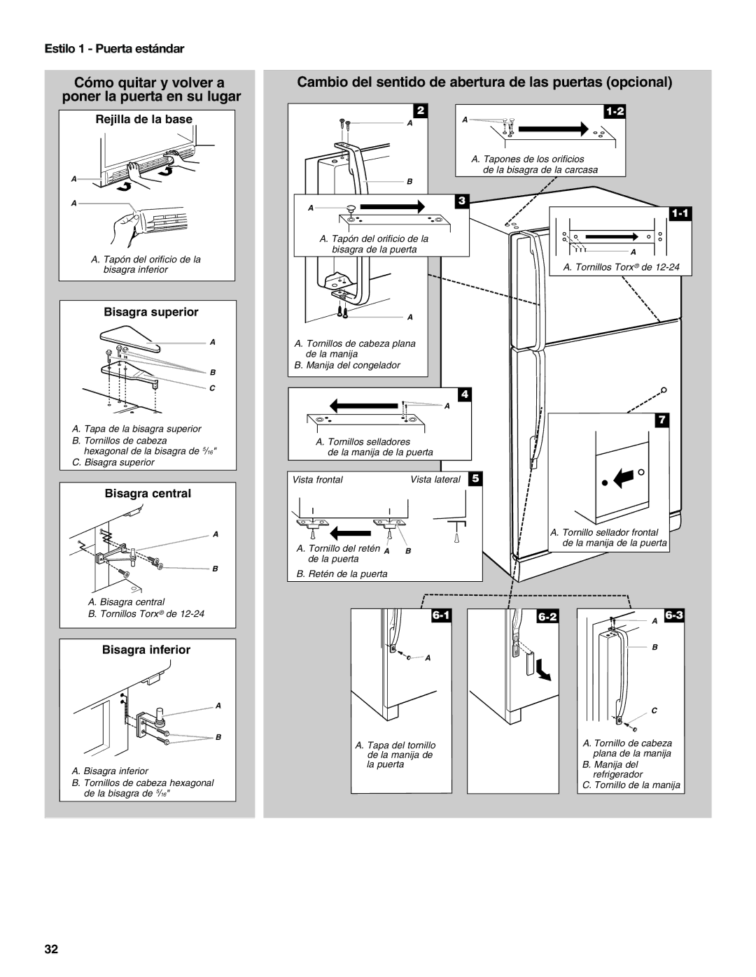 Whirlpool WRT1L1TZYS installation instructions Estilo 1 Puerta estándar, Bisagra superior 