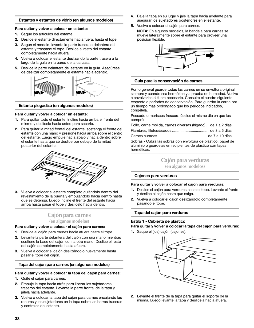 Whirlpool WRT1L1TZYS installation instructions Cajón para carnes, Cajón para verduras 