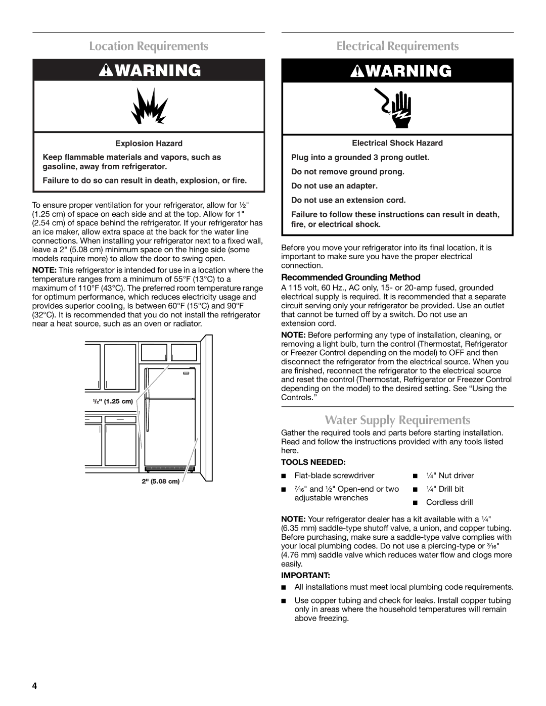 Whirlpool WRT1L1TZYS Location Requirements, Electrical Requirements, Water Supply Requirements, Tools Needed 