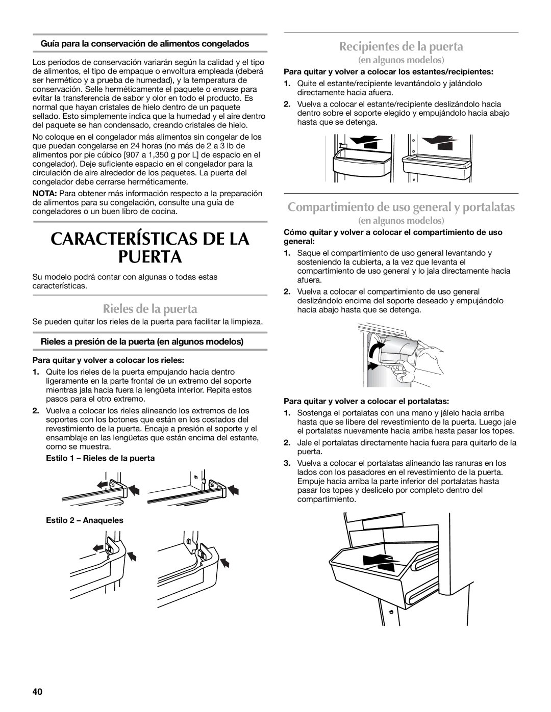 Whirlpool WRT1L1TZYS installation instructions Puerta, Rieles de la puerta, Recipientes de la puerta 