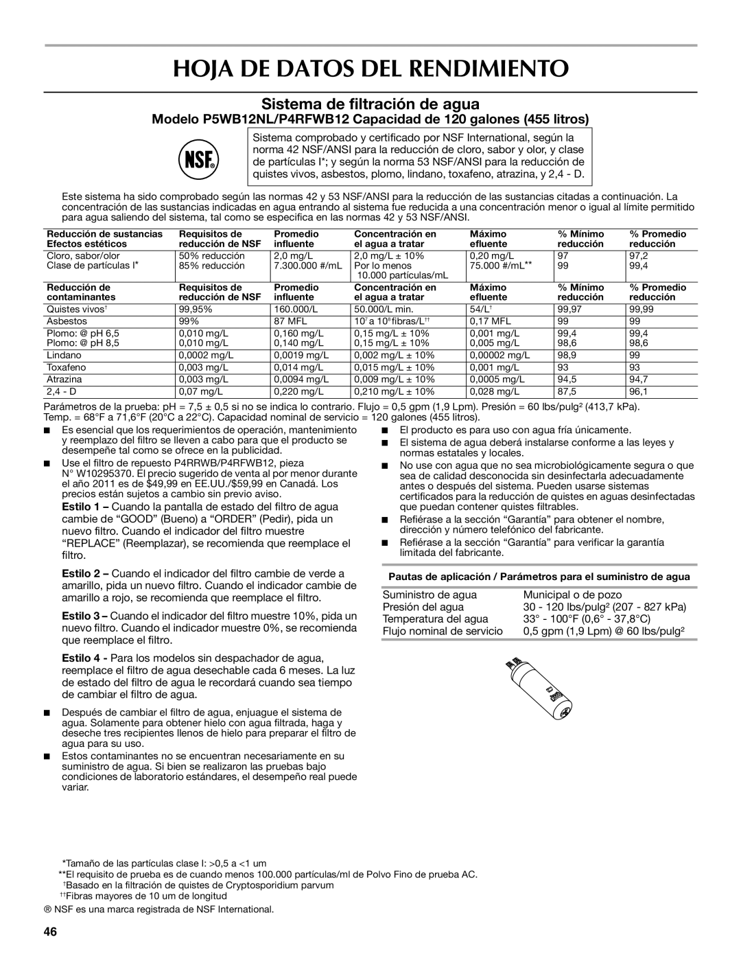 Whirlpool WRT1L1TZYS installation instructions Hoja DE Datos DEL Rendimiento, Sistema de filtración de agua 