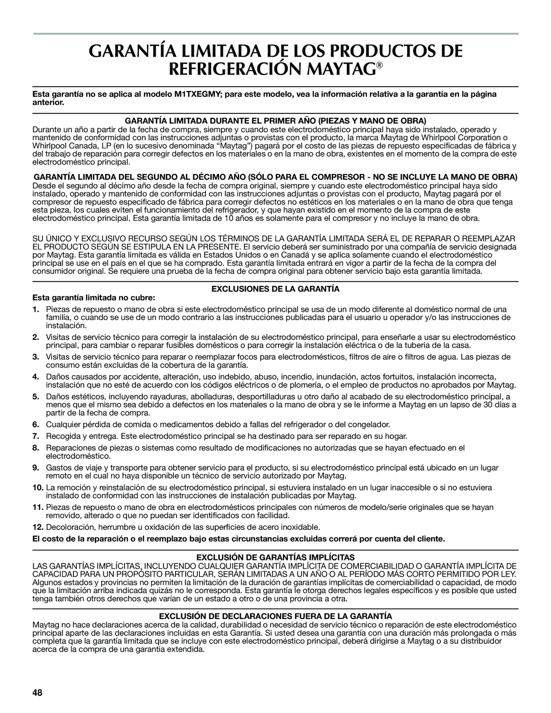 Whirlpool WRT1L1TZYS installation instructions Garantía Limitada DE LOS Productos DE Refrigeración Maytag 