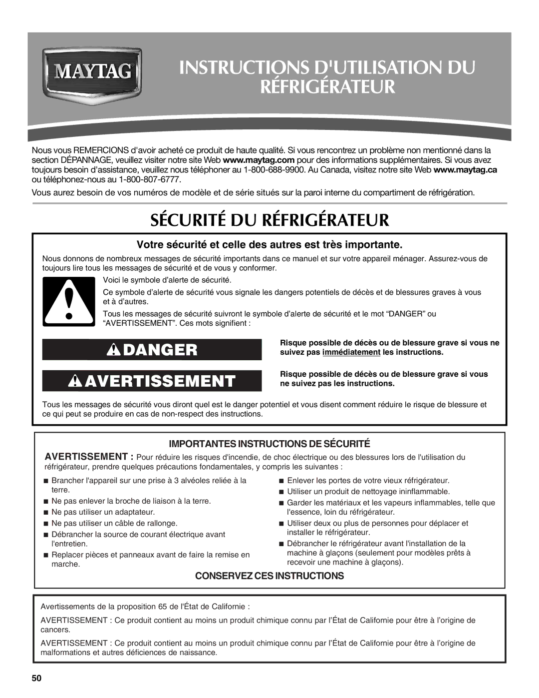 Whirlpool WRT1L1TZYS installation instructions Instructions Dutilisation DU Réfrigérateur, Sécurité DU Réfrigérateur 