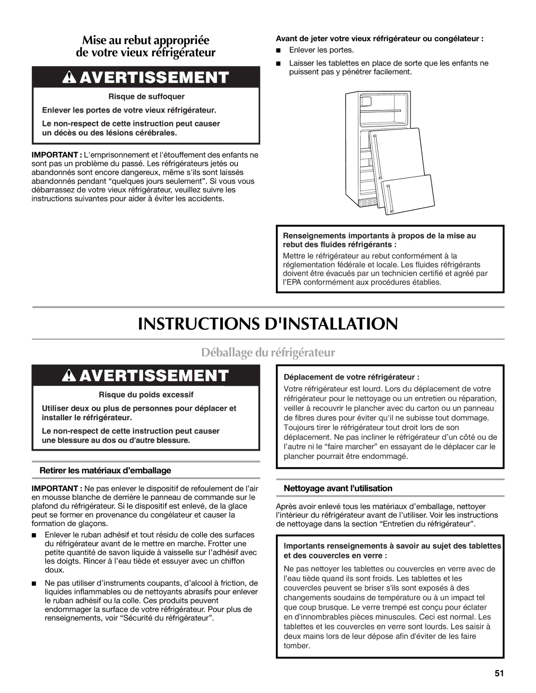 Whirlpool WRT1L1TZYS Instructions Dinstallation, Déballage du réfrigérateur, Retirer les matériaux d’emballage 