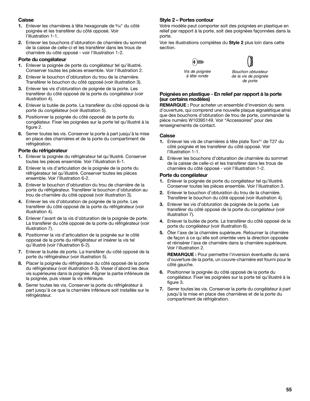 Whirlpool WRT1L1TZYS installation instructions Caisse, Porte du congélateur, Porte du réfrigérateur, Style 2 Portes contour 