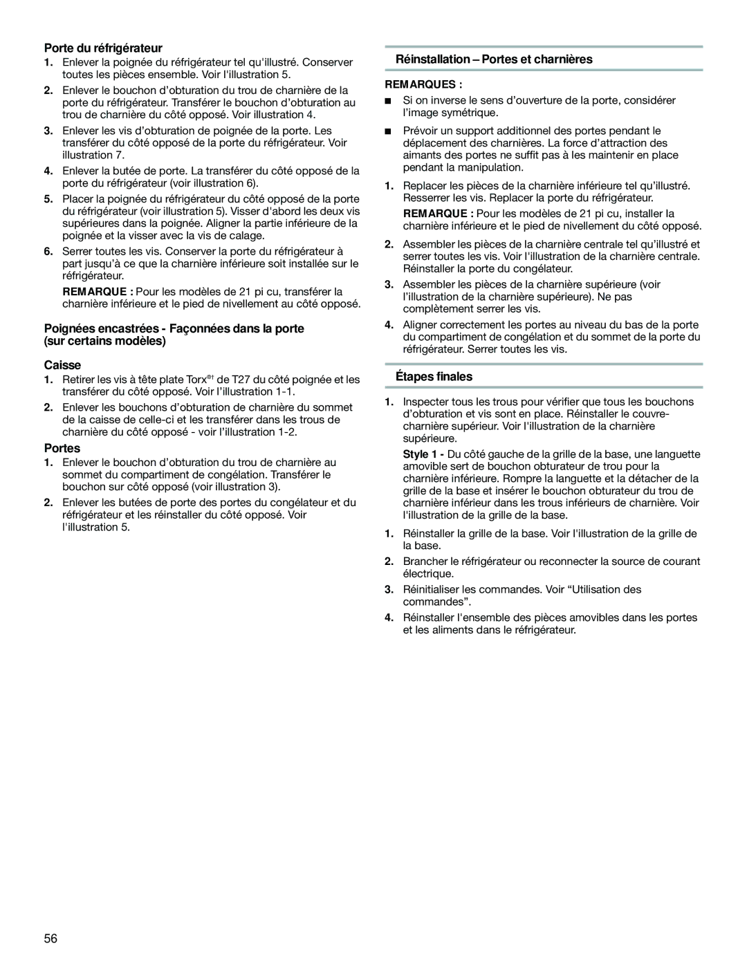 Whirlpool WRT1L1TZYS installation instructions Réinstallation Portes et charnières, Étapes finales, Remarques 