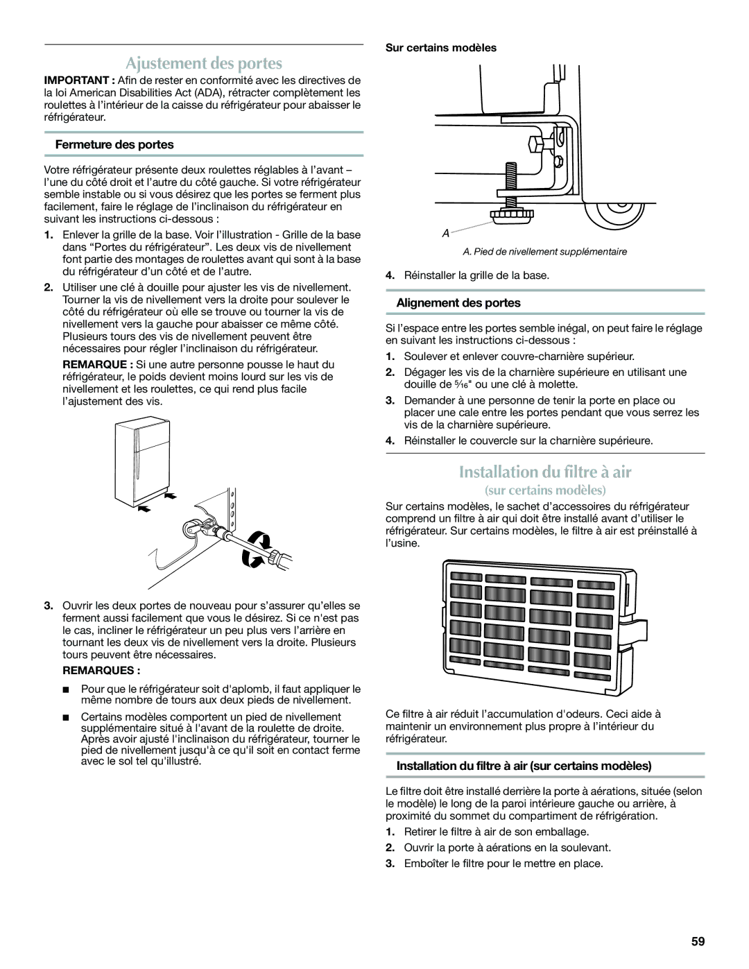 Whirlpool WRT1L1TZYS Ajustement des portes, Installation du filtre à air, Fermeture des portes, Alignement des portes 