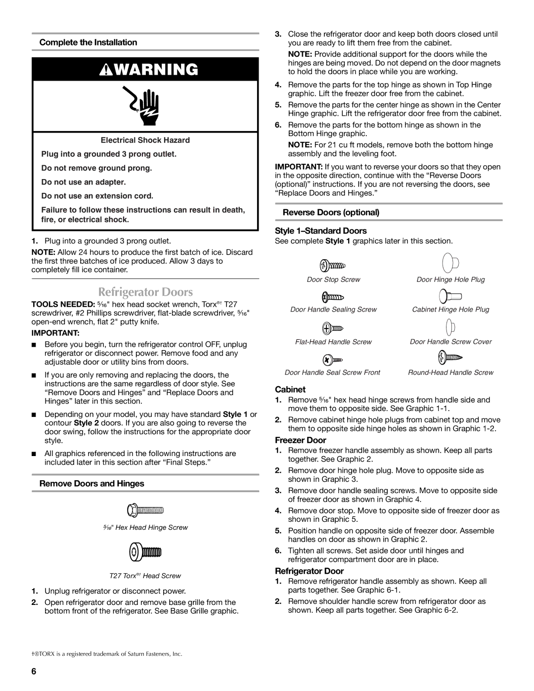 Whirlpool WRT1L1TZYS installation instructions Refrigerator Doors 