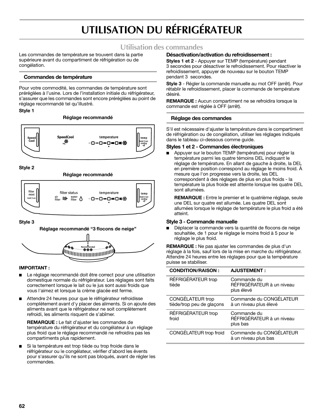 Whirlpool WRT1L1TZYS installation instructions Utilisation DU Réfrigérateur, Utilisation des commandes 