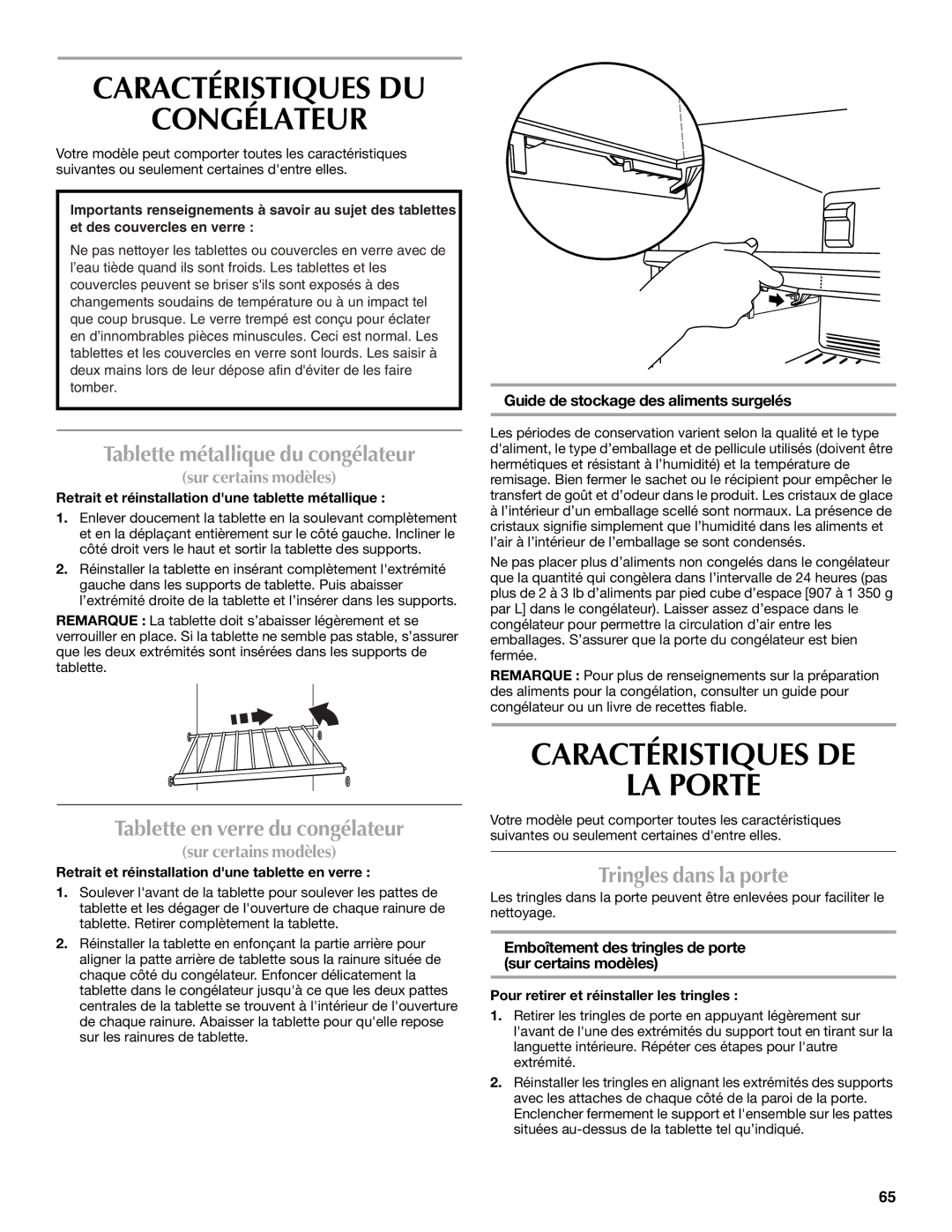 Whirlpool WRT1L1TZYS Caractéristiques DU Congélateur, Caractéristiques DE LA Porte, Tablette métallique du congélateur 