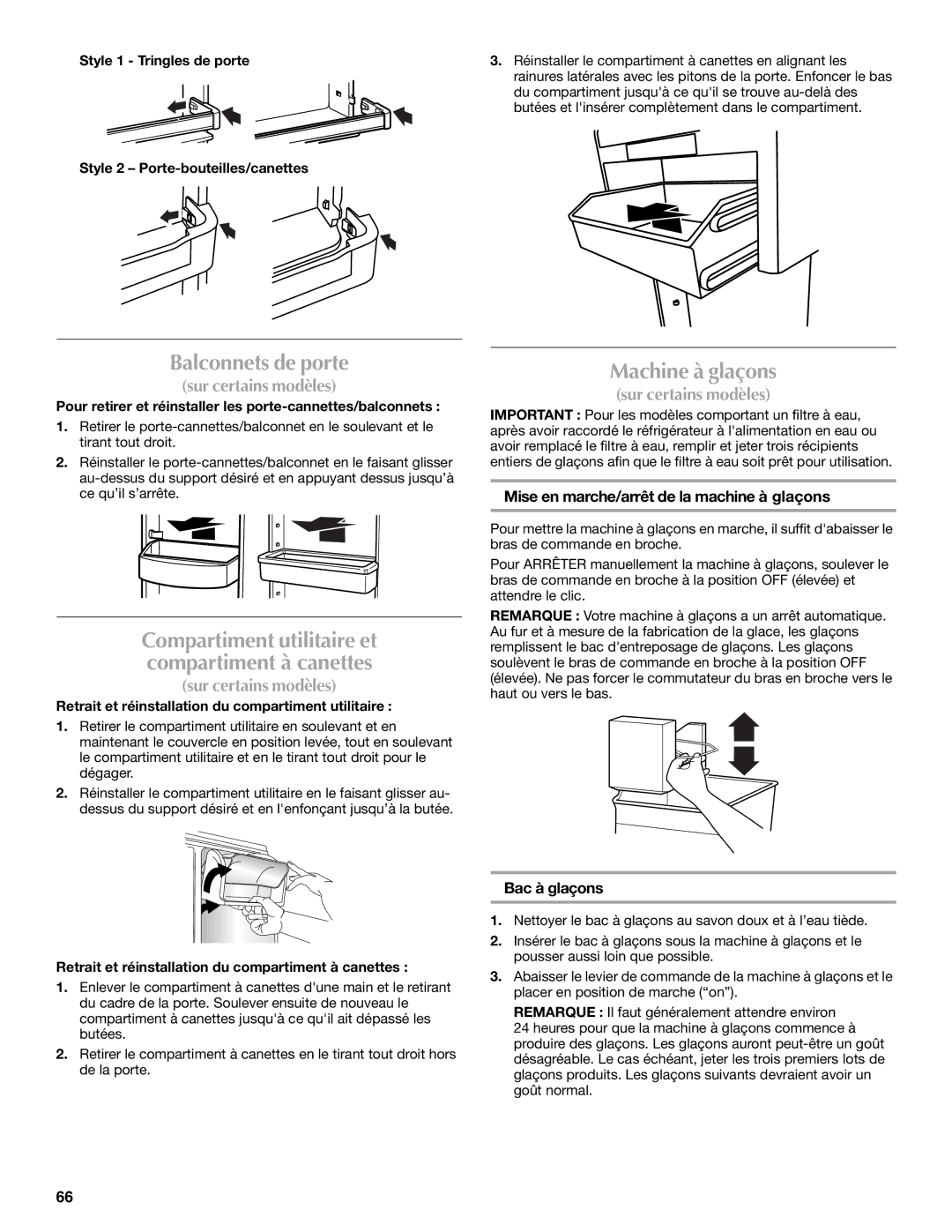 Whirlpool WRT1L1TZYS Balconnets de porte, Machine à glaçons, Mise en marche/arrêt de la machine à glaçons, Bac à glaçons 