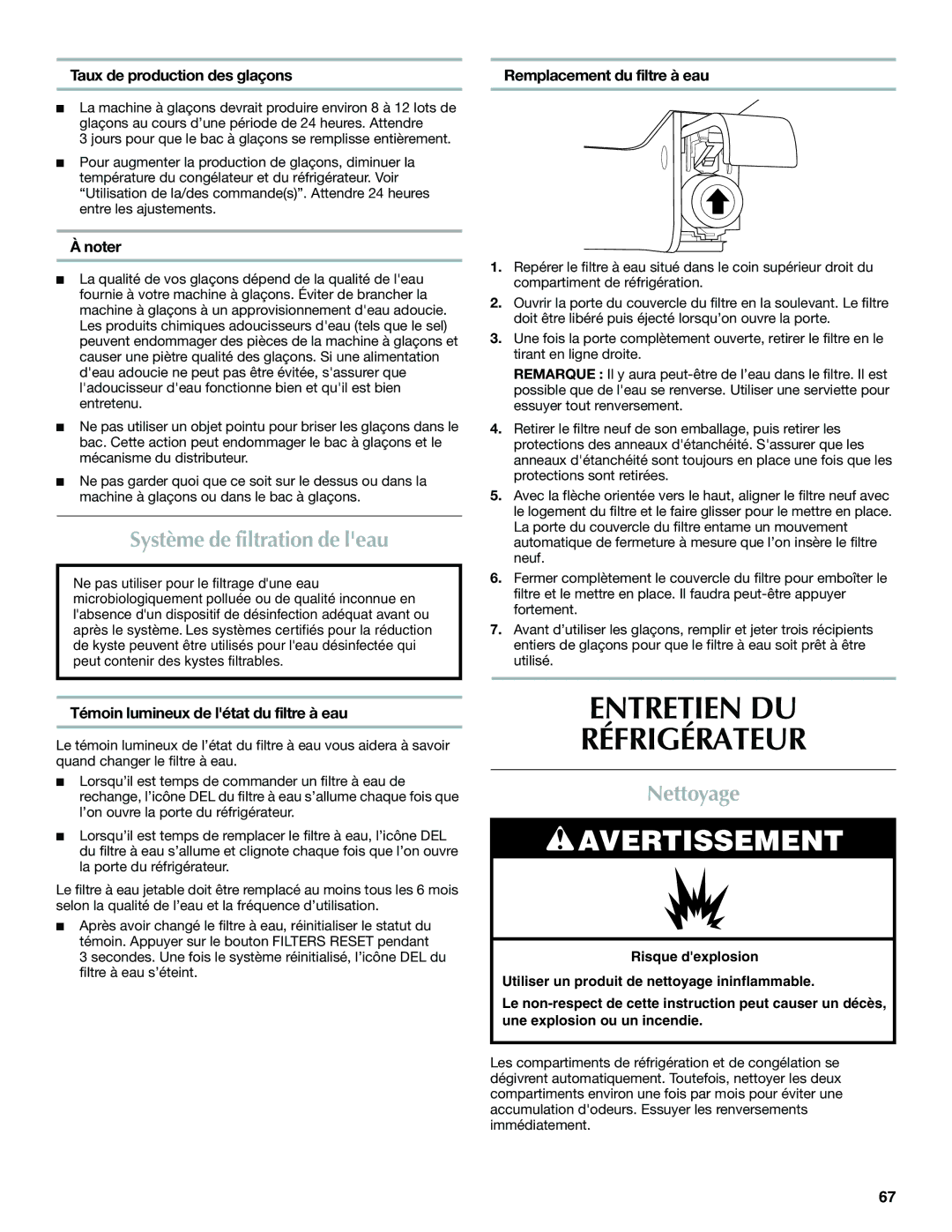 Whirlpool WRT1L1TZYS installation instructions Entretien DU Réfrigérateur, Système de filtration de leau, Nettoyage 