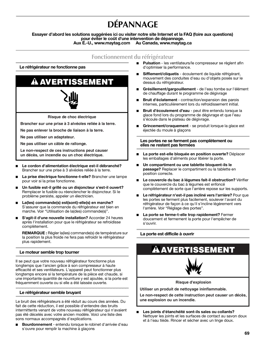 Whirlpool WRT1L1TZYS installation instructions Dépannage, Fonctionnement du réfrigérateur 