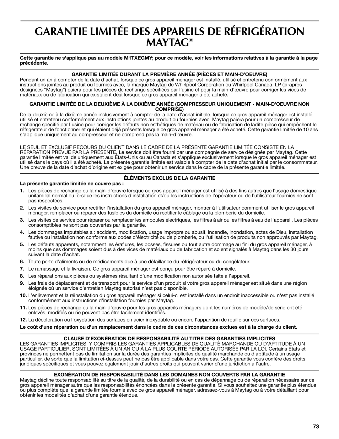 Whirlpool WRT1L1TZYS installation instructions Garantie Limitée DES Appareils DE Réfrigération 