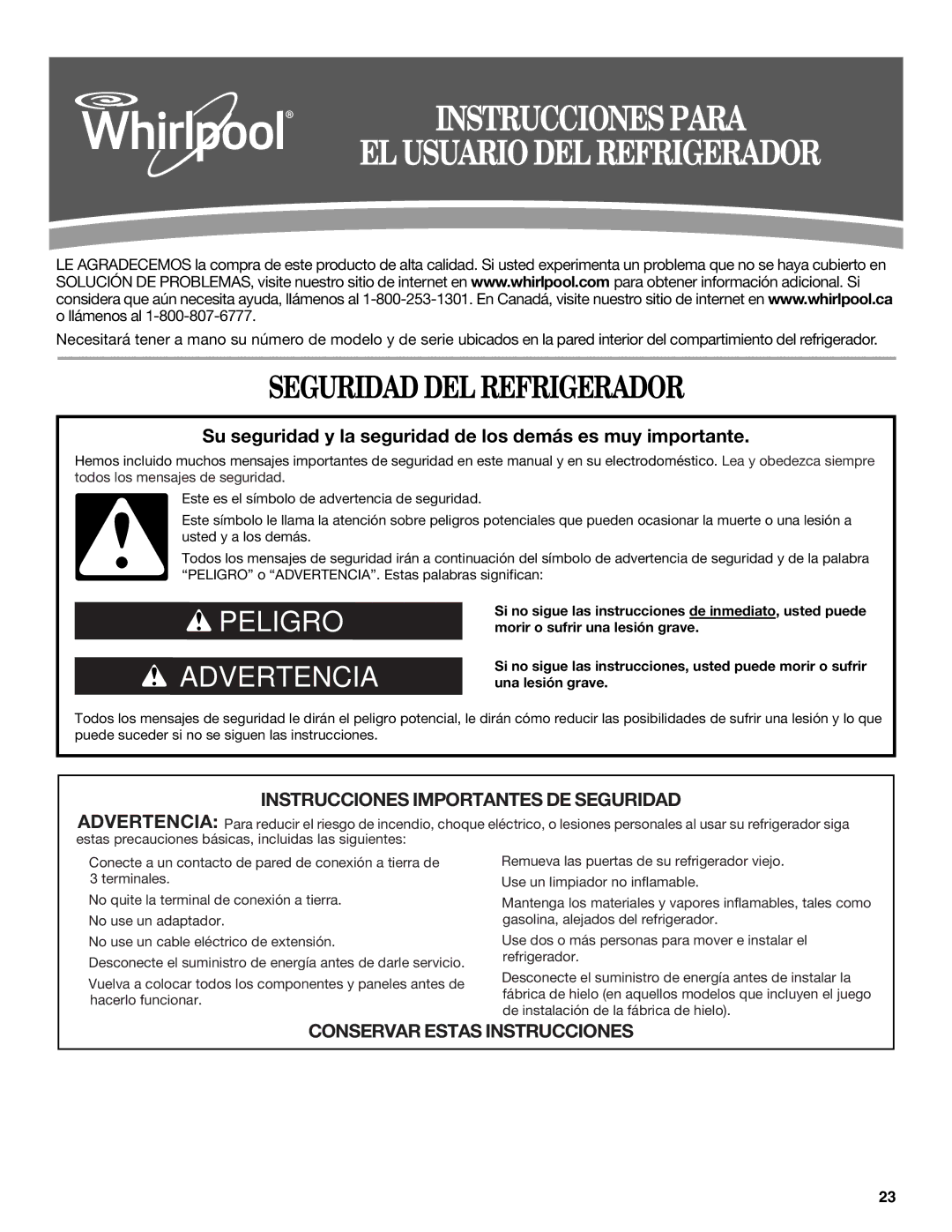 Whirlpool WRT771RWYB, WRT771RWYW, WRT771RWYM Instrucciones Para EL Usuario DEL Refrigerador, Seguridad DEL Refrigerador 