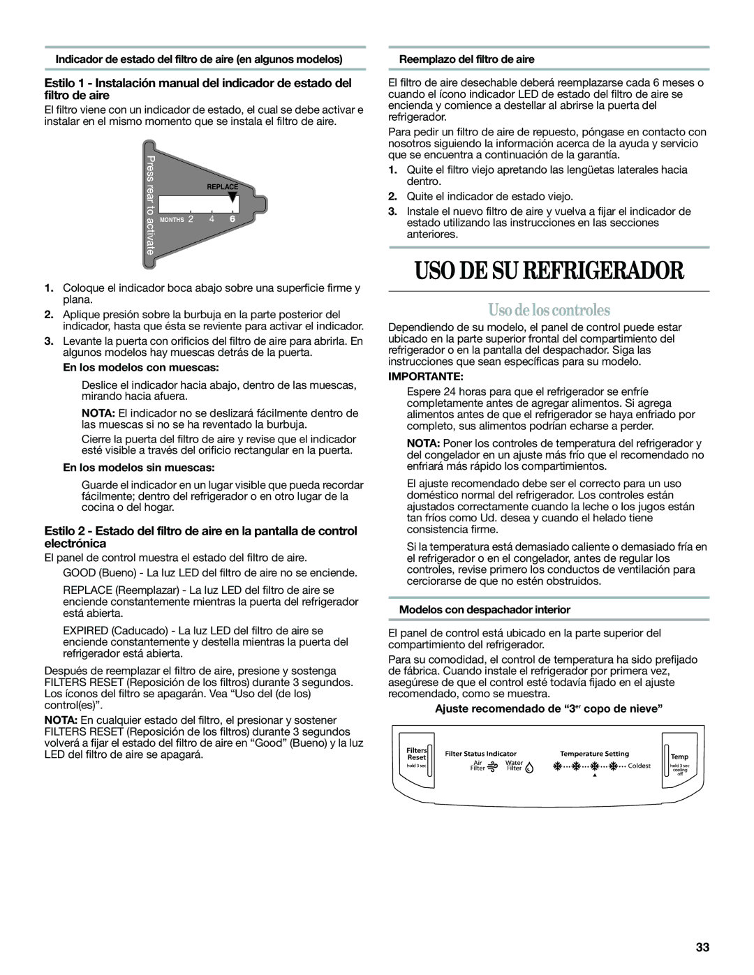 Whirlpool WRT771RWYW, WRT771RWYM, WRT771RWYB installation instructions Uso de los controles 