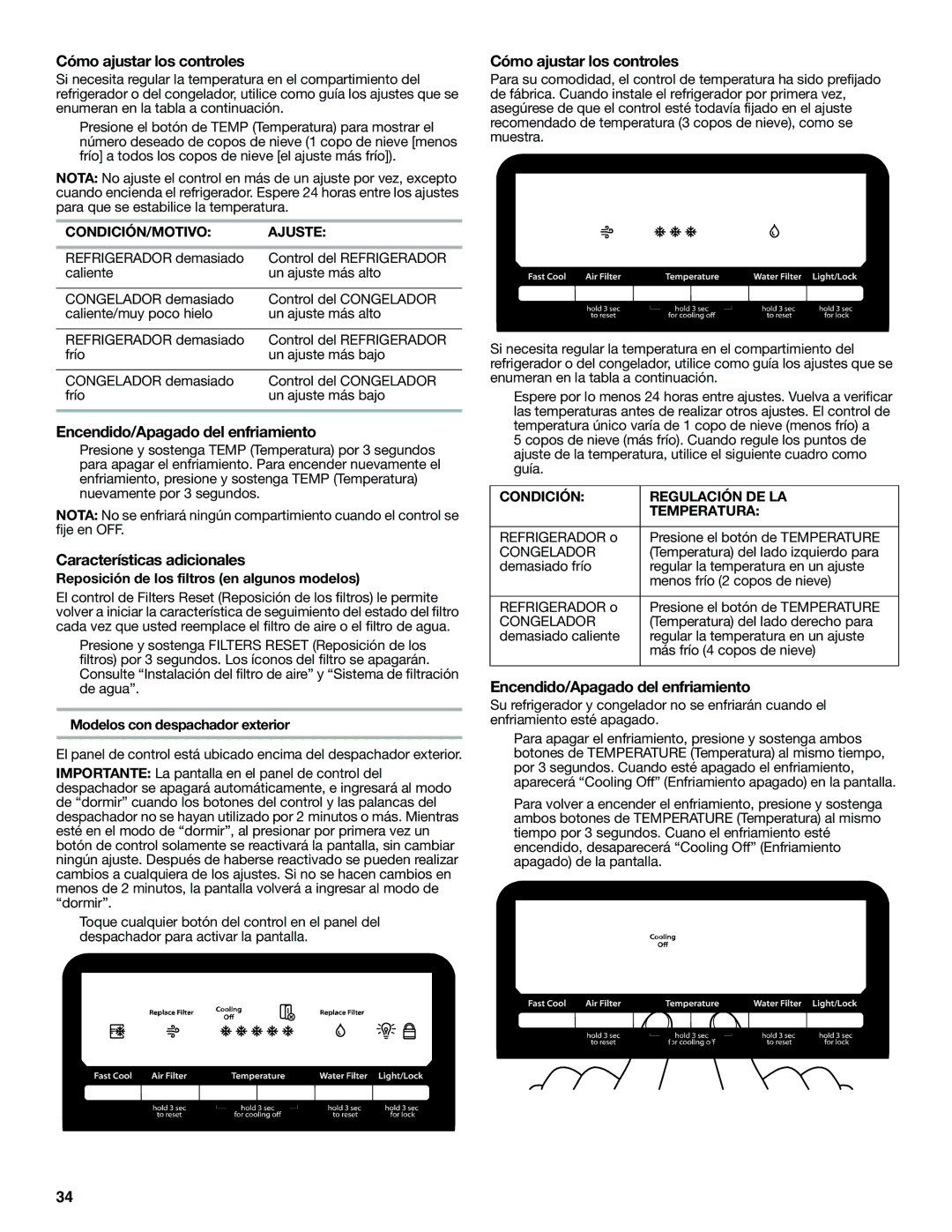 Whirlpool WRT771RWYM Cómo ajustar los controles, Encendido/Apagado del enfriamiento, Características adicionales 