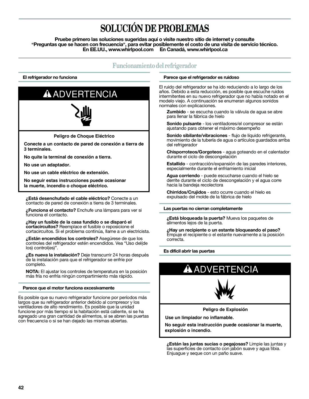 Whirlpool WRT771RWYW, WRT771RWYM Solución DE Problemas, Funcionamiento delrefrigerador, El refrigerador no funciona 