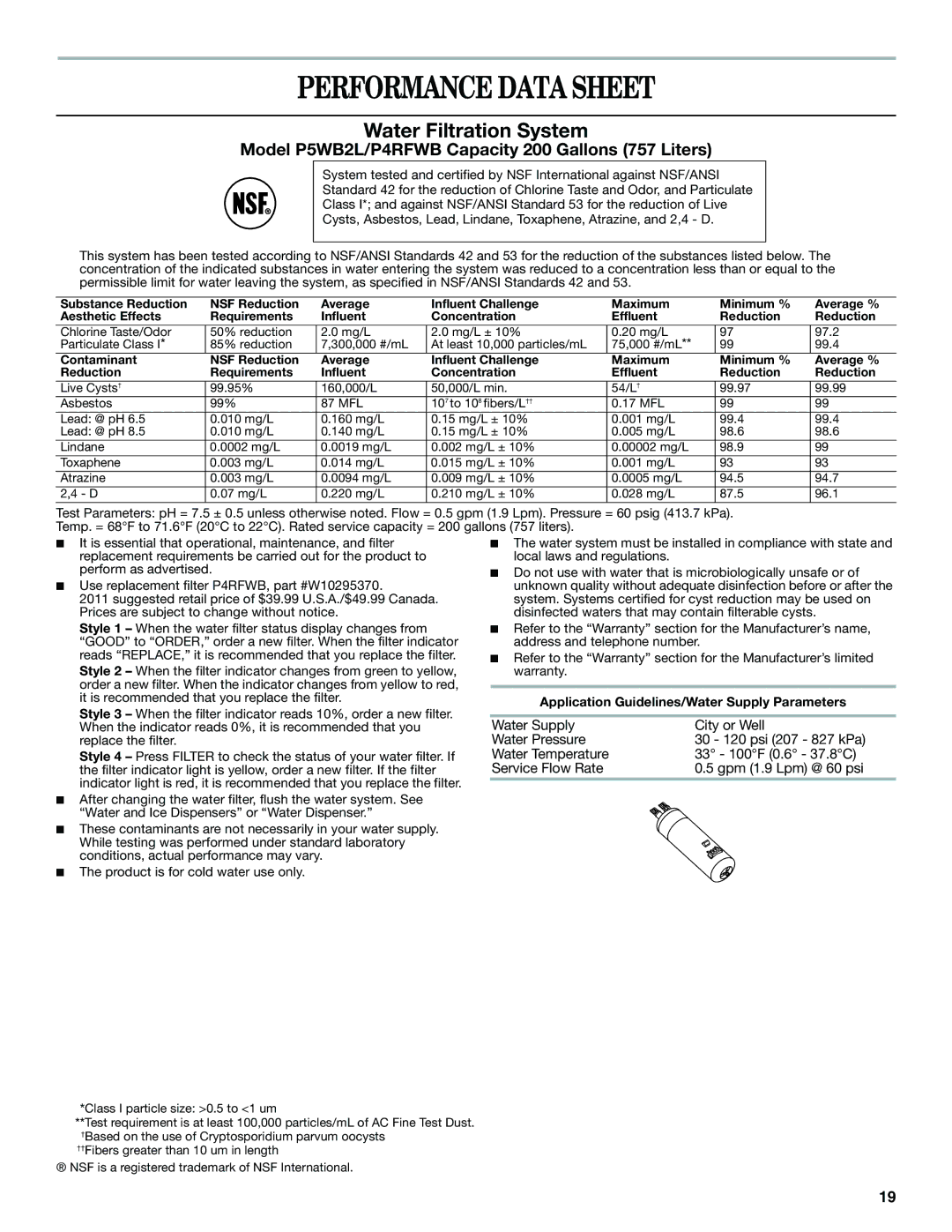 Whirlpool WSF26C2EXF, WSF26C2EXW, WSF26C2EXB installation instructions Performance Data Sheet, Water Filtration System 