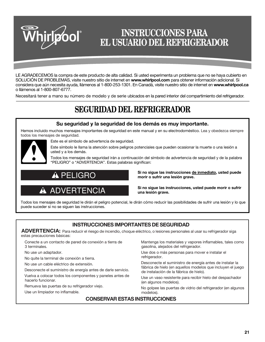 Whirlpool WSF26C2EXW, WSF26C2EXF, WSF26C2EXB Instrucciones Para EL Usuario DEL Refrigerador, Seguridad DEL Refrigerador 