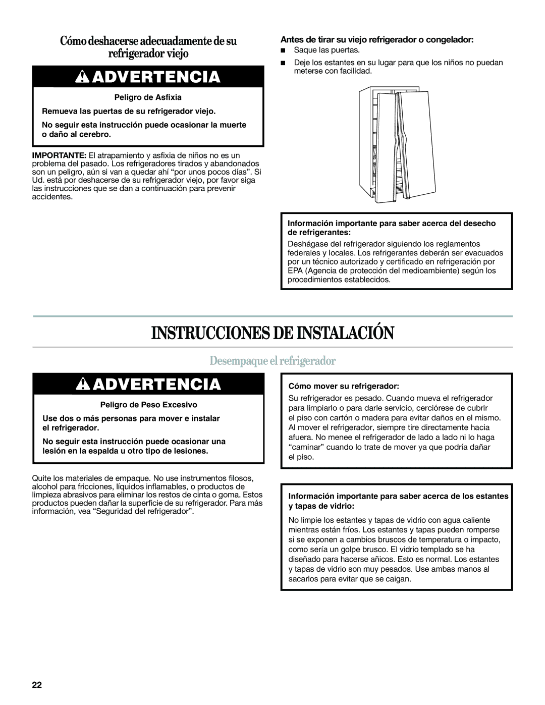 Whirlpool WSF26C2EXF, WSF26C2EXW, WSF26C2EXB Instrucciones DE Instalación, Desempaque el refrigerador 