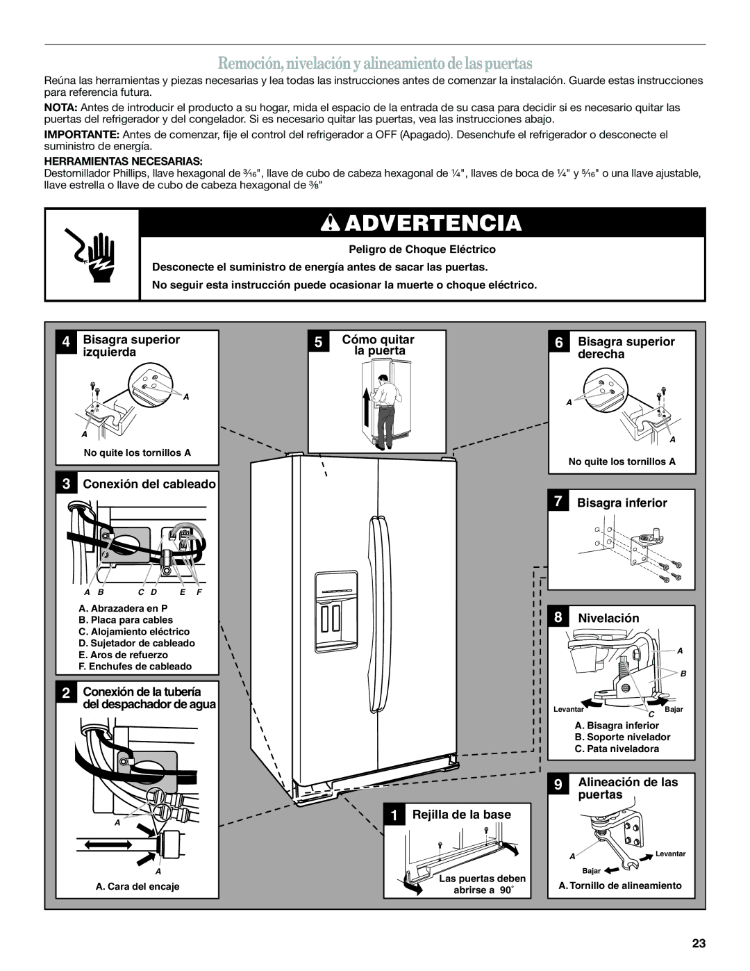 Whirlpool WSF26C2EXB, WSF26C2EXW, WSF26C2EXF Remoción, nivelación y alineamiento delas puertas, Herramientas Necesarias 