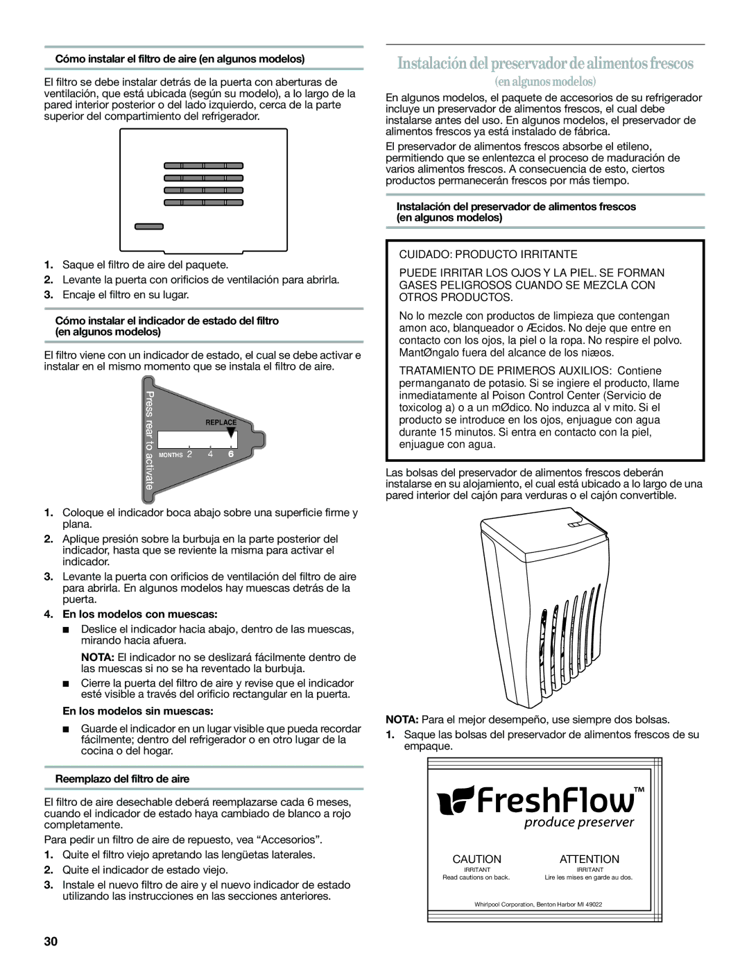 Whirlpool WSF26C2EXW, WSF26C2EXF, WSF26C2EXB Cómo instalar el filtro de aire en algunos modelos, En los modelos con muescas 