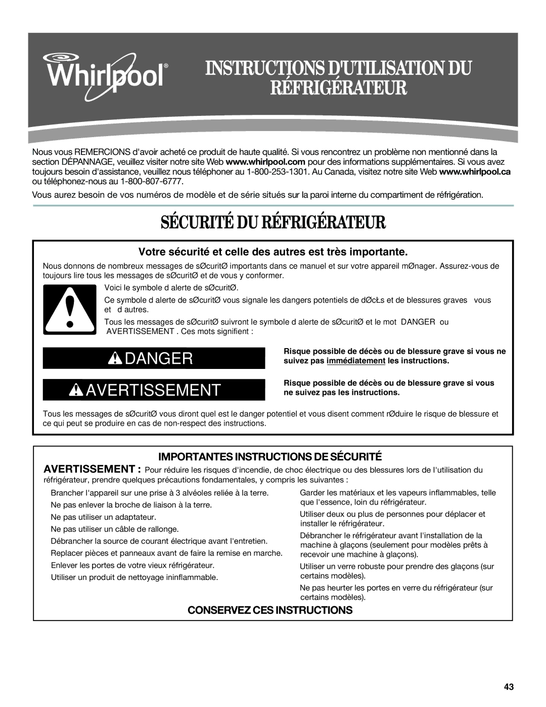 Whirlpool WSF26C2EXF, WSF26C2EXW, WSF26C2EXB Instructions Dutilisation DU Réfrigérateur, Sécurité DU Réfrigérateur 