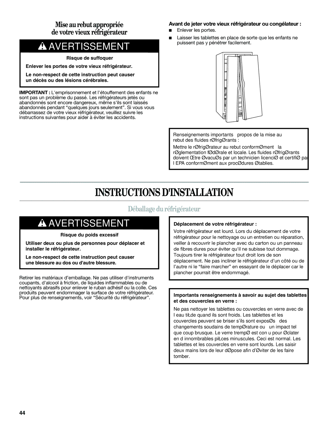 Whirlpool WSF26C2EXB, WSF26C2EXW, WSF26C2EXF installation instructions Instructions Dinstallation, Déballage duréfrigérateur 