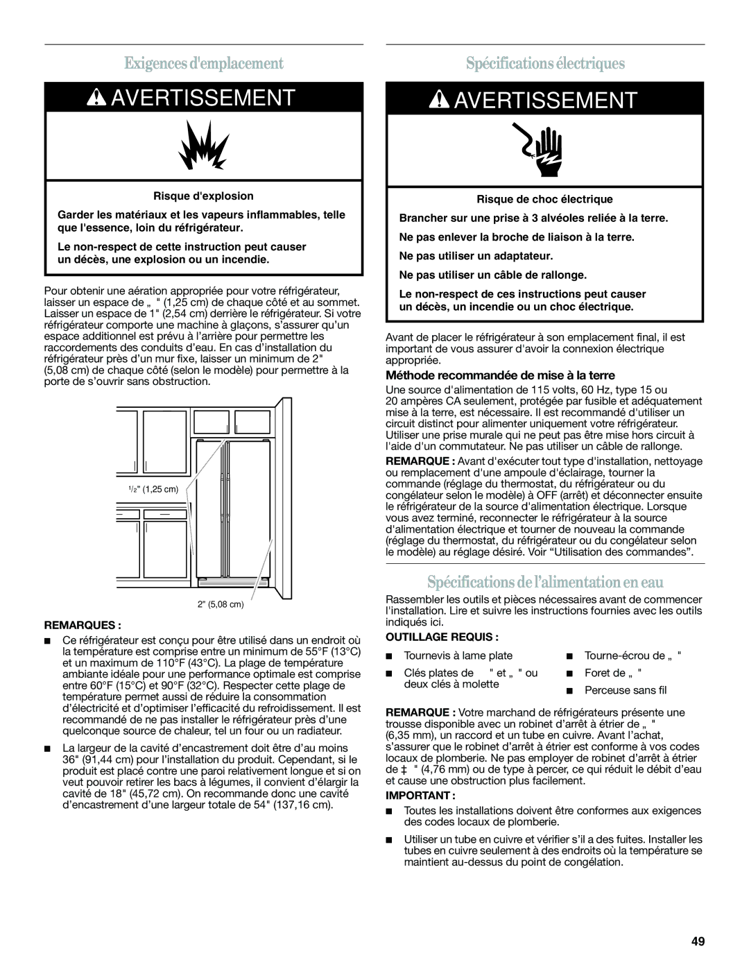 Whirlpool WSF26C2EXF, WSF26C2EXW Exigences demplacement, Spécifications électriques, Spécifications del’alimentationen eau 