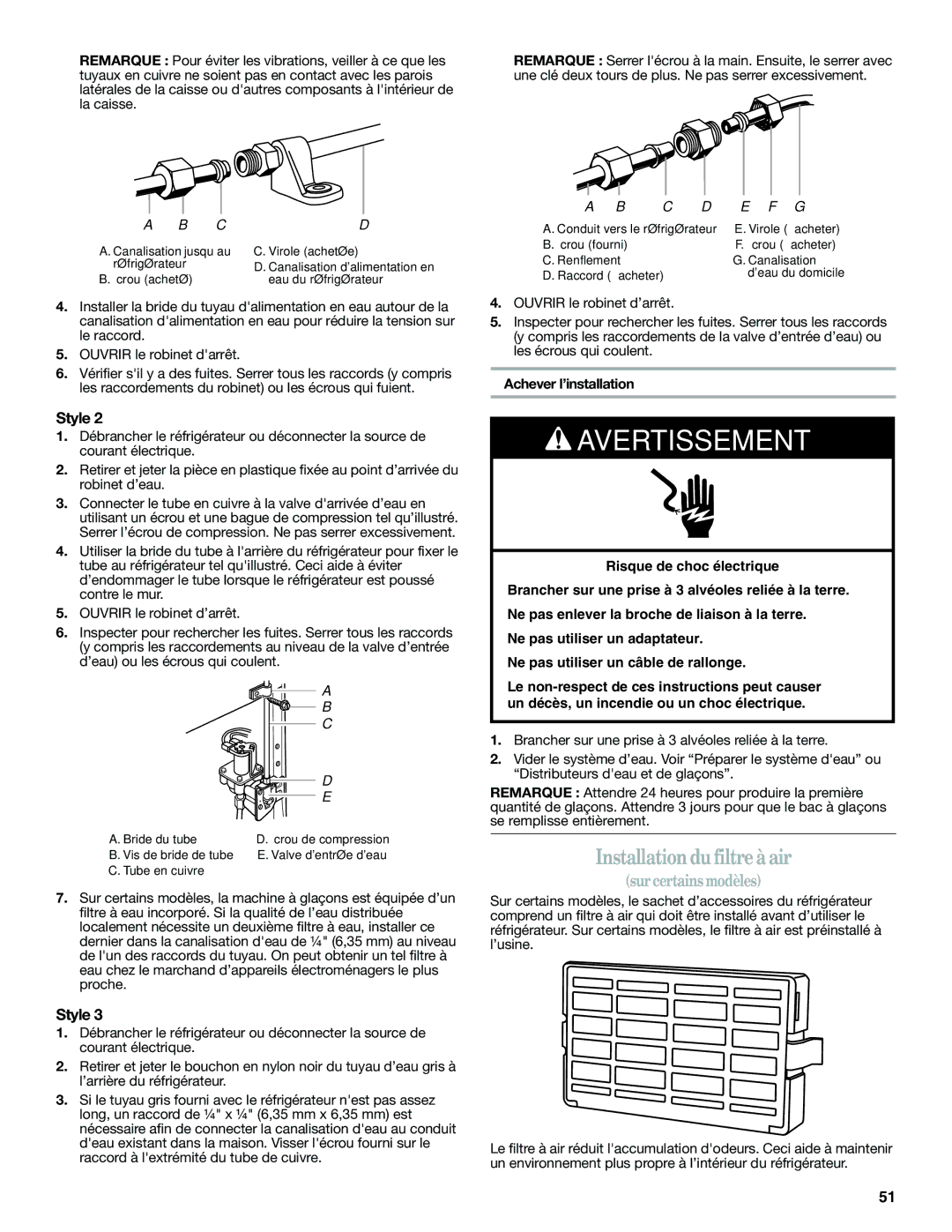 Whirlpool WSF26C2EXW, WSF26C2EXF, WSF26C2EXB installation instructions Installationdu filtre à air, Achever l’installation 