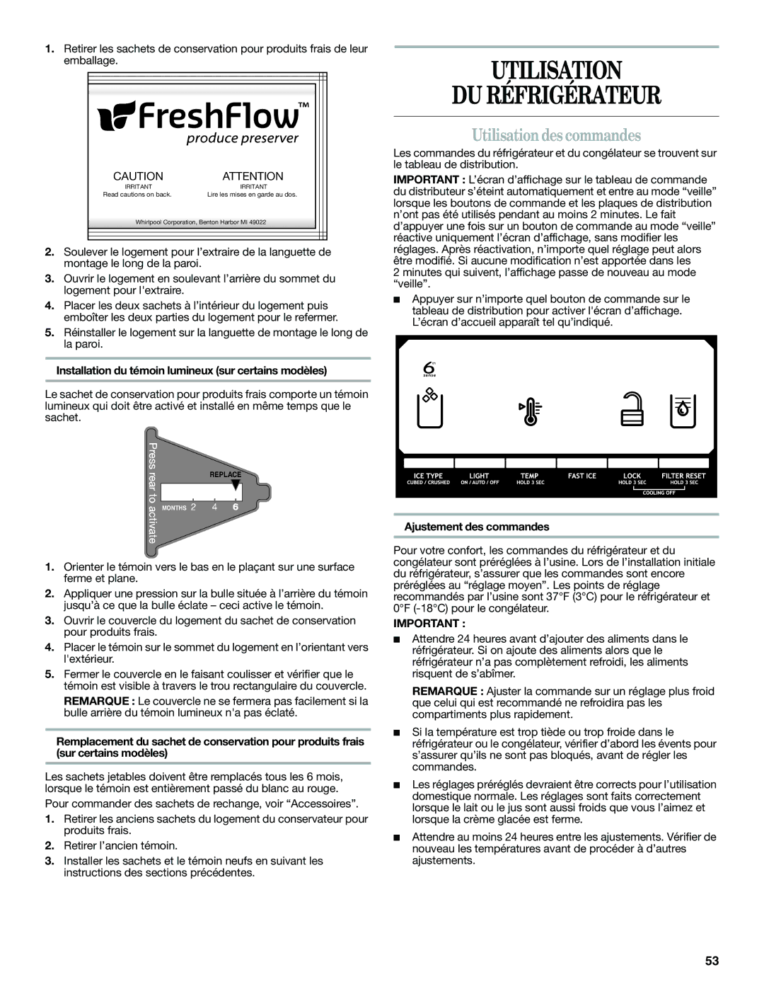 Whirlpool WSF26C2EXB, WSF26C2EXW Utilisation DU Réfrigérateur, Utilisation des commandes, Ajustement des commandes 