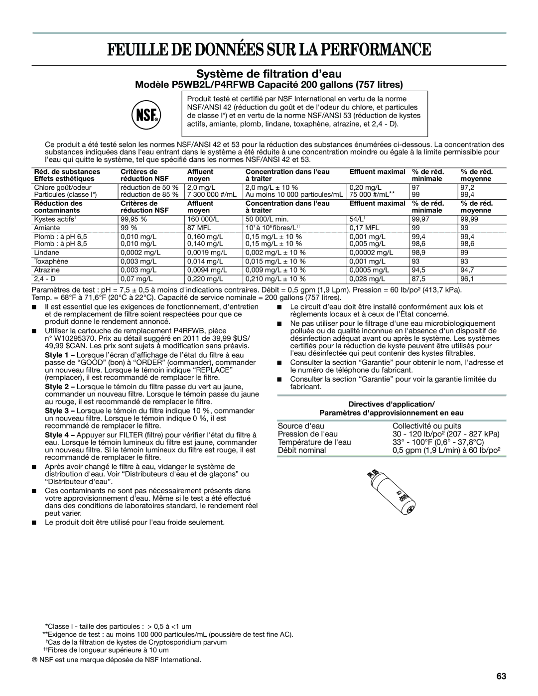 Whirlpool WSF26C2EXW, WSF26C2EXF, WSF26C2EXB Feuille DE Données SUR LA Performance, Système de filtration d’eau 