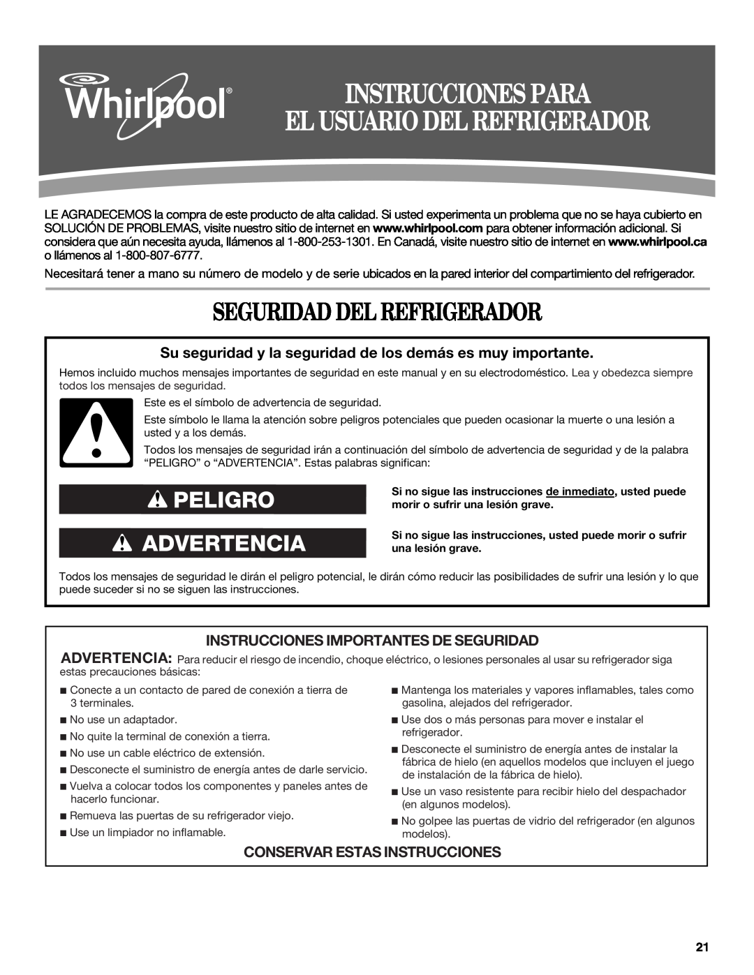 Whirlpool WSF26C2EXW Instrucciones Para El Usuario Del Refrigerador, Seguridad Del Refrigerador, Peligro Advertencia 