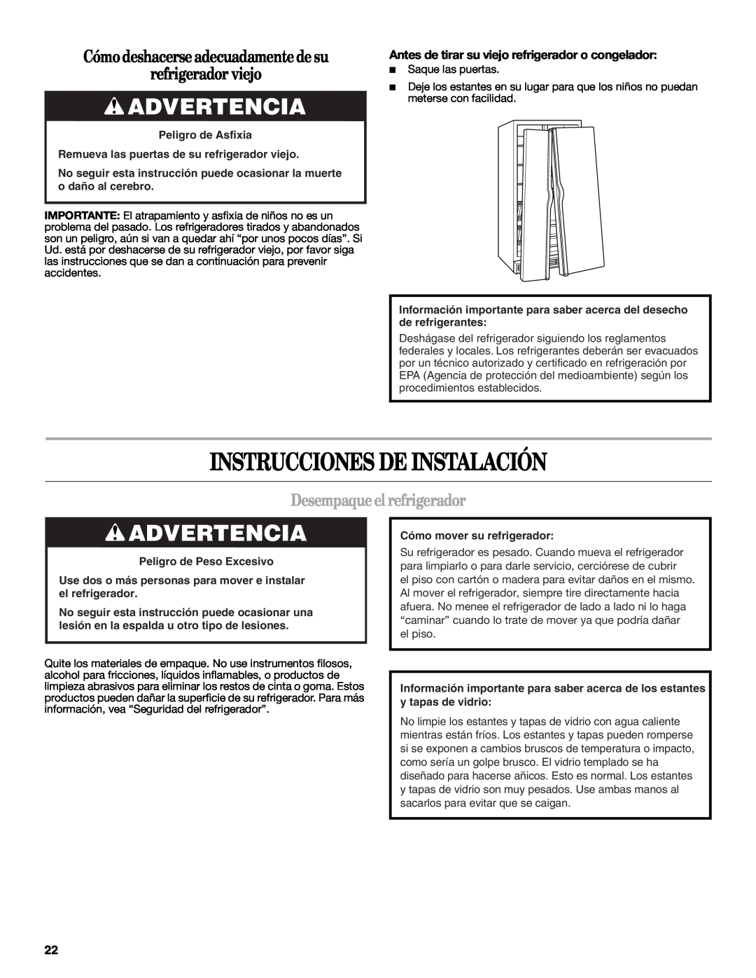 Whirlpool WSF26C2EXF Instrucciones De Instalación, Advertencia, Cómo deshacerse adecuadamente de su refrigerador viejo 