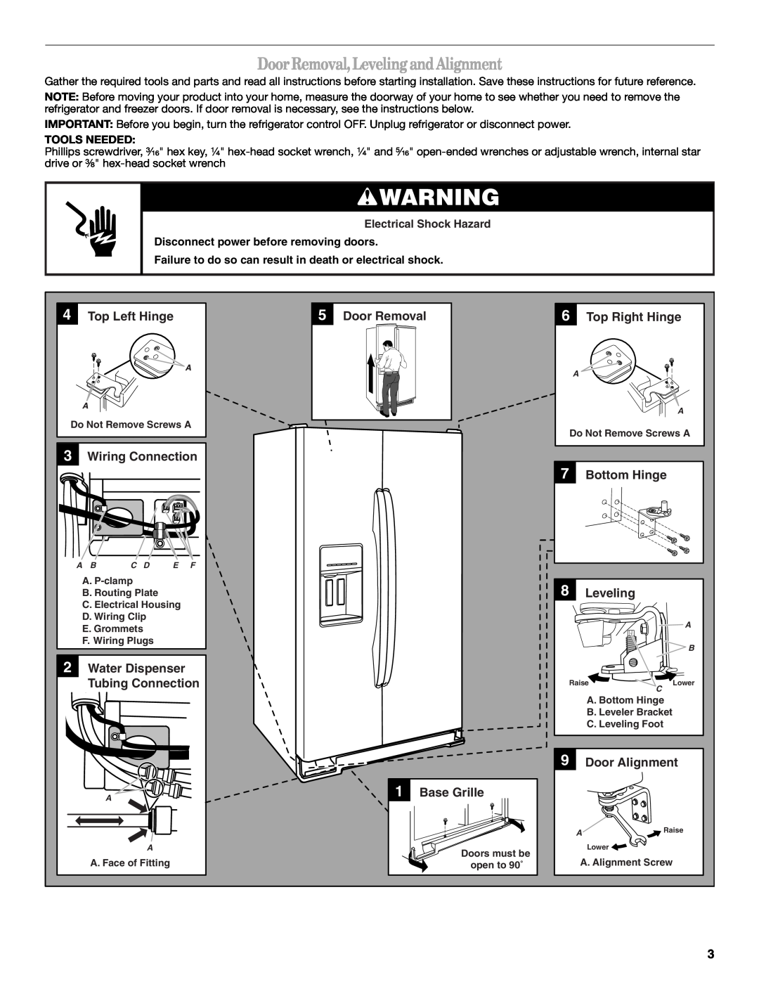 Whirlpool WSF26C2EXW, WSF26C2EXF, WSF26C2EXB installation instructions Door Removal, Leveling and Alignment 